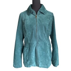 Dennis by Dennis Basso Teal Green Suede Leather Full Zip Jacket, Medium,Washable